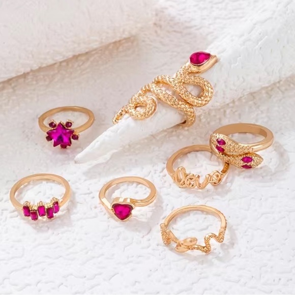 Pink Gemstone Snake Heart Gold  Ring Set 7pc - Picture 5 of 6